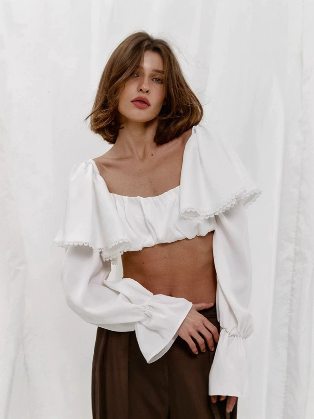 Zara White Cropped Patchwork Ruffle Pullover Blouse Spring - Picture 5 of 5